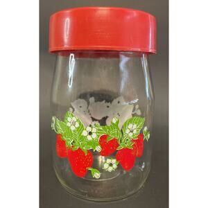 Vtg Carlton Glass Canister Jar with Red Lid and Strawberries 1 Liter Cottage USA